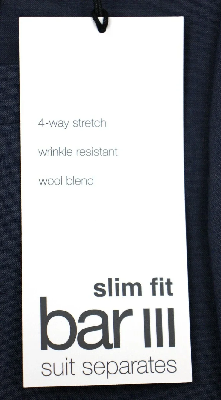 Bar III Skinny Fit Suit Jacket 44 L Mens Solid Blue Stretch Wool Two Button